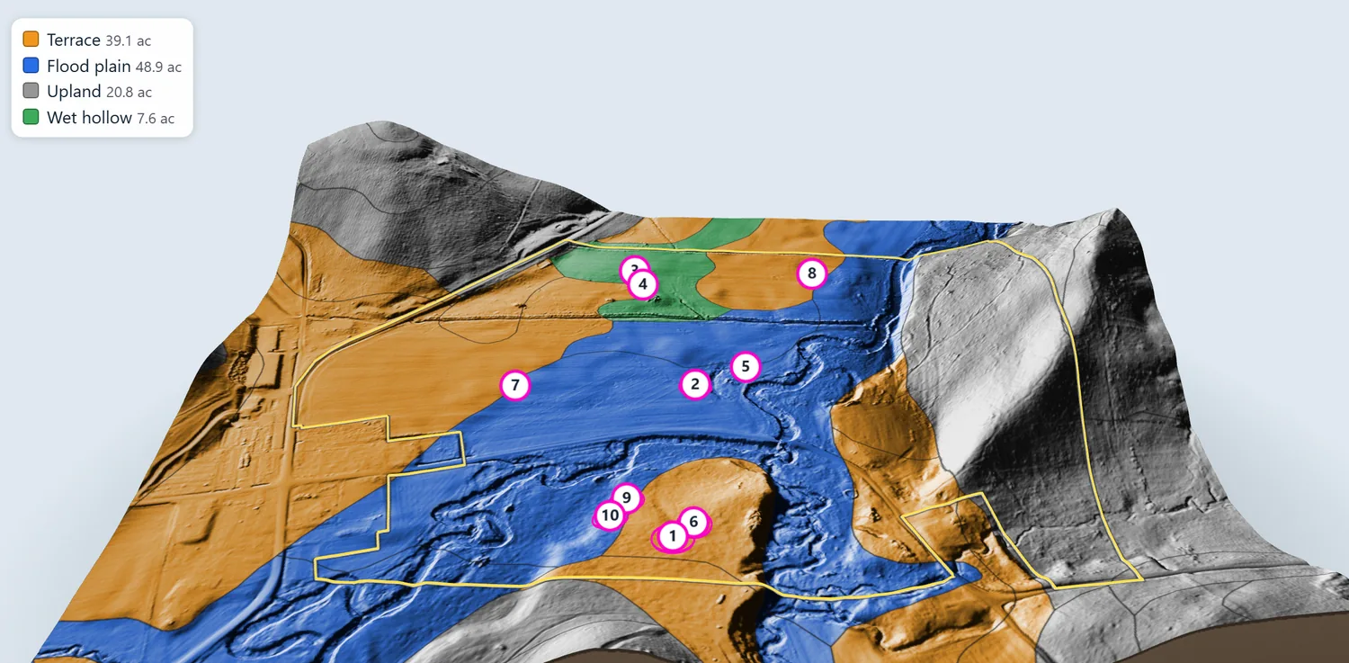 The app's 3D view of a crop field, colored by soil: orange terrace, blue flood plain, gray upland and green wet hollow, with numbered hot spots.