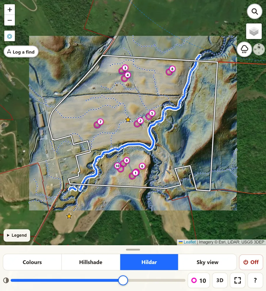 LiDAR Hildar map of the same field: the height colours blended with the hillshade.