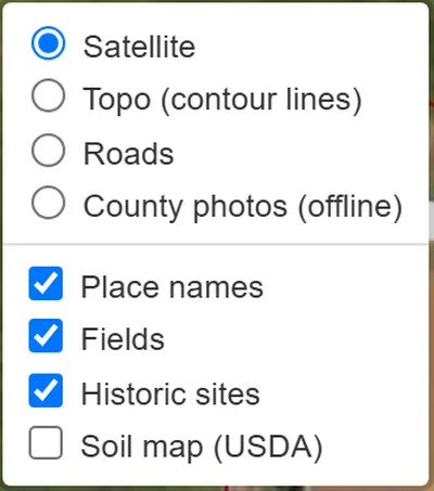 The map layers menu: satellite, topo contour lines, roads, county photos offline, place names, fields, historic sites and the USDA soil map.
