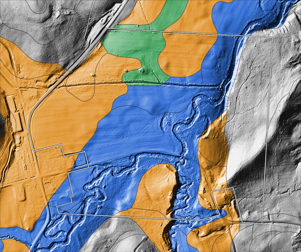 Soil colors draped over a LiDAR hillshade: orange terrace, blue flood plain with winding old channels, gray upland and green wet hollow.